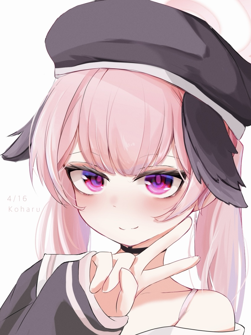 1girl, beret, black_choker, black_hat, black_wings, blue_archive, blush, character_name