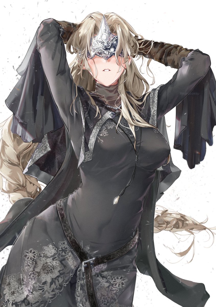 1girl, arms_up, belly, belt, blindfold_mask, blonde_hair, braid, breasts