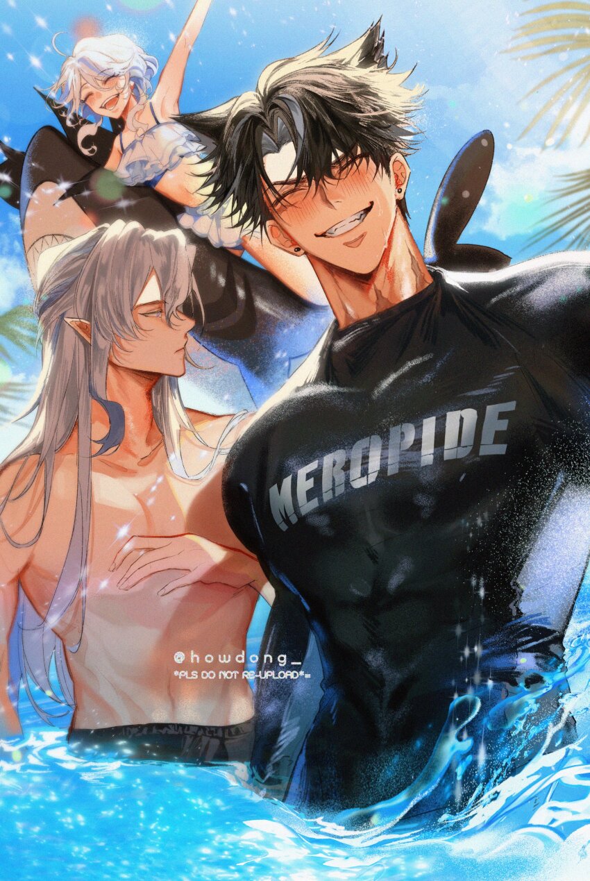 1girl, 2boys, absurdres, animal_ears, arm_up, armpits, bikini, black_bodysuit