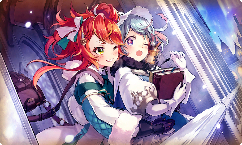 2girls, aurora, blue_eyes, blush, book, bottle, commentary, gloves