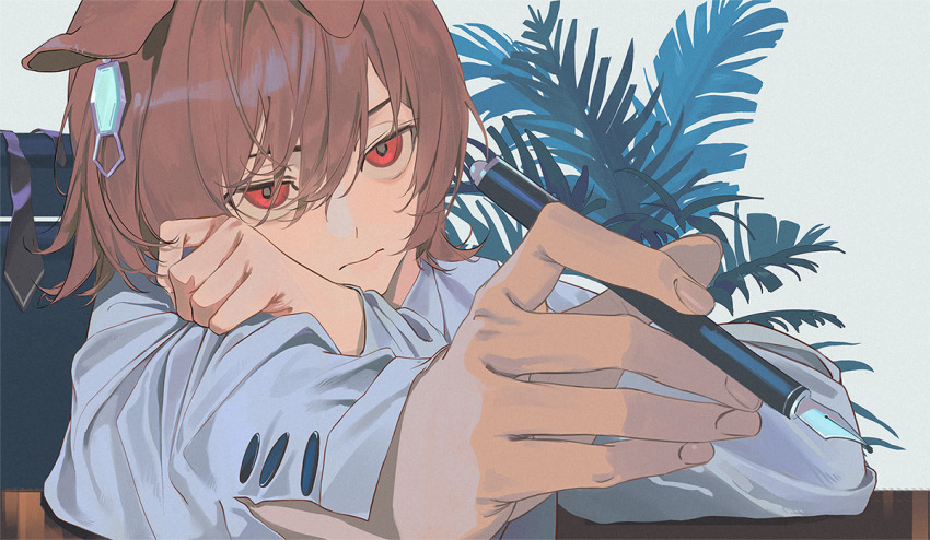 1girl, agnes_tachyon_(umamusume), animal_ears, arms_on_table, black_necktie, chair, chemical_structure, closed_mouth