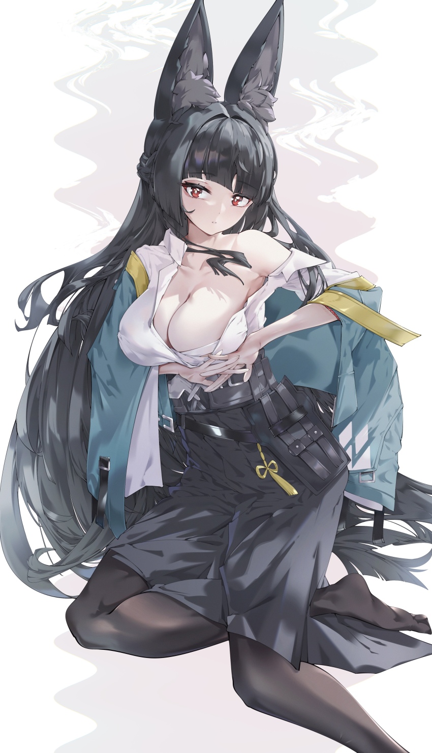 1girl, absurdres, animal_ear_fluff, animal_ears, aqua_jacket, black_hair, black_pantyhose, black_skirt