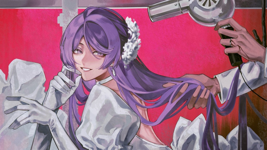 2boys, absurdres, aegyo_sal, androgynous, back_bow, backless_dress, backless_outfit, blood, blood_on_hands, bow, choker, commentary, dress, drying_another's_hair, drying_hair, earrings, elbow_gloves, film_grain, frilled_sleeves, frills, genzuki_toujirou, gloves, grin, hair_between_eyes, hair_dryer, hand_on_own_cheek, hand_on_own_face, highres, holding, holding_another's_hair, holding_hair_dryer, jewelry, lips, long_hair, long_sleeves, looking_back, looking_to_the_side, male_focus, multiple_boys, nijisanji, out_of_frame, puffy_short_sleeves, puffy_sleeves, purple_eyes, purple_hair, ring, short_sleeves, sideways_glance, smile, solo_focus, sushisushi_iiii, swept_bangs, trap, upper_body, virtual_youtuber, white_bow, white_choker, white_dress, white_gloves