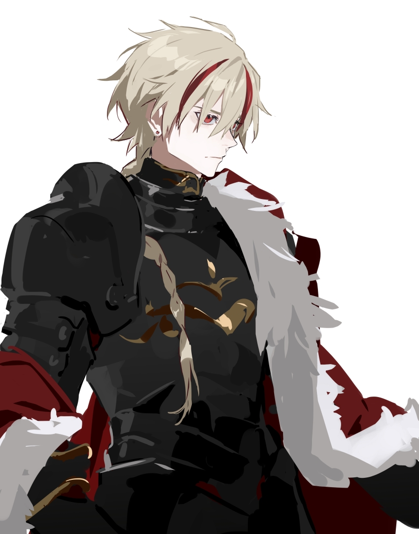 1boy, absurdres, ahoge, aldaduzuoaoda, armor, black_armor, blonde_hair, braid, braided_ponytail, cape, earrings, fate/grand_order, fate/strange_fake, fate_(series), full_armor, fur-trimmed_cape, fur_trim, highres, jewelry, long_hair, looking_to_the_side, male_focus, multicolored_hair, red_cape, red_eyes, red_hair, richard_i_(fate), side_cape, simple_background, single_braid, solo, streaked_hair, upper_body, white_background