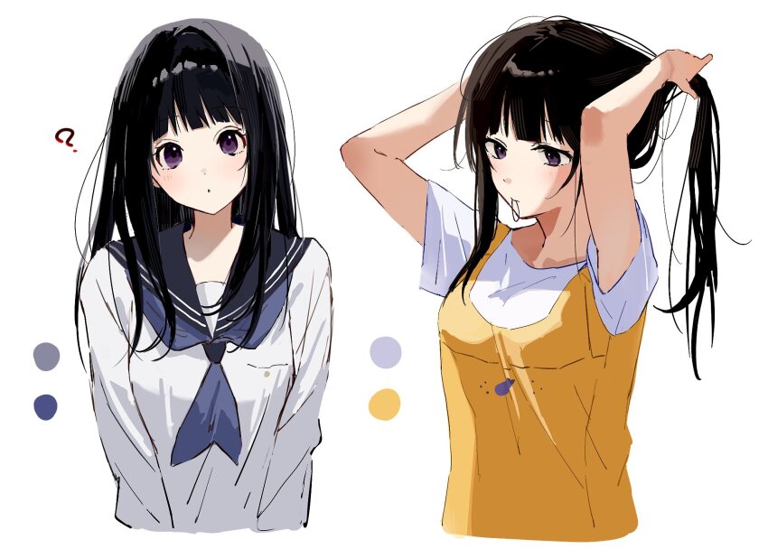 1girl, ?, adjusting_hair, apron, arms_behind_head, arms_up, black_hair, blue_neckerchief