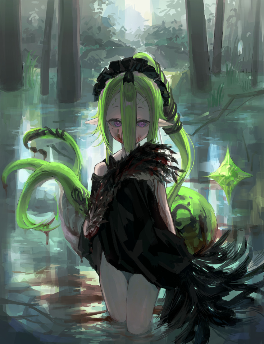 1girl, absurdres, black_dress, black_headdress, blood, blood_in_water, blood_on_face, blood_on_hands