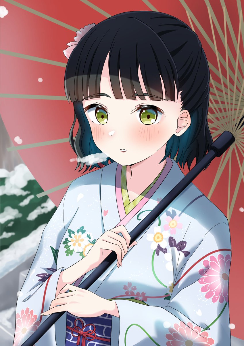 1girl, black_hair, blue_kimono, blue_sash, blunt_bangs, blunt_ends, blush, breath