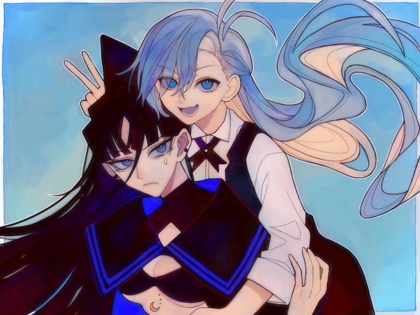 2girls, ado_(utaite), bikini, black_bikini, black_hair, black_ribbon, black_shirt, black_vest