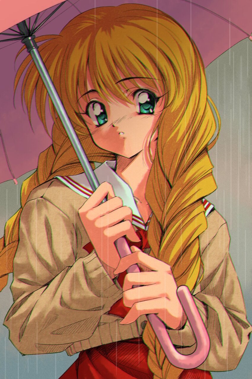 1girl, aqua_eyes, blonde_hair, braid, brown_cardigan, cardigan, chromatic_aberration, commentary_request