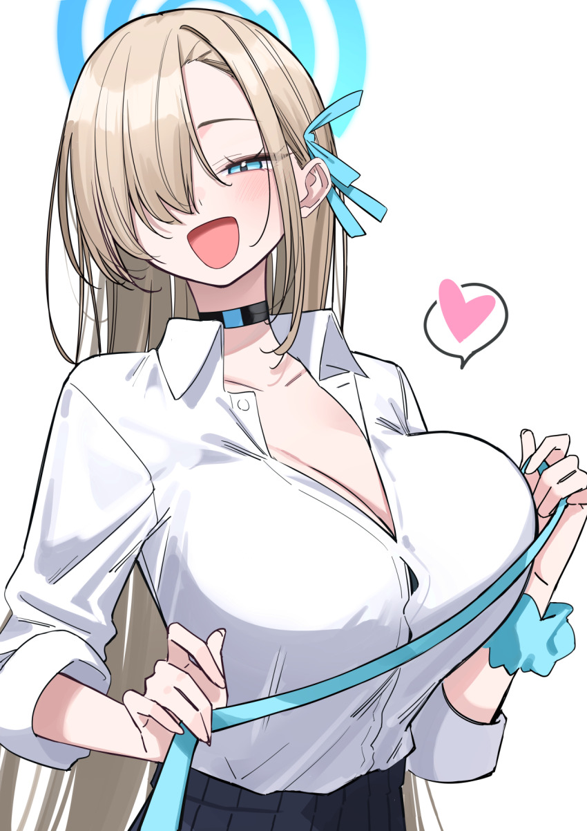 1girl, :d, asuna_(blue_archive), asuna_(school_uniform)_(blue_archive), black_choker, black_skirt, blue_archive, blue_halo