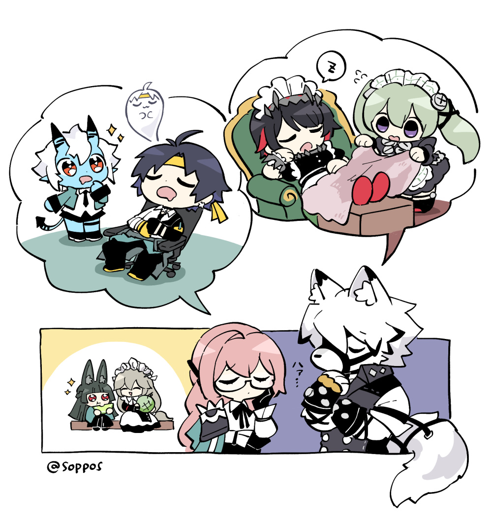 2boys, 6+girls, alexandrina_sebastiane, animal_ear_fluff, animal_ears, apron, arm_belt, asaba_harumasa