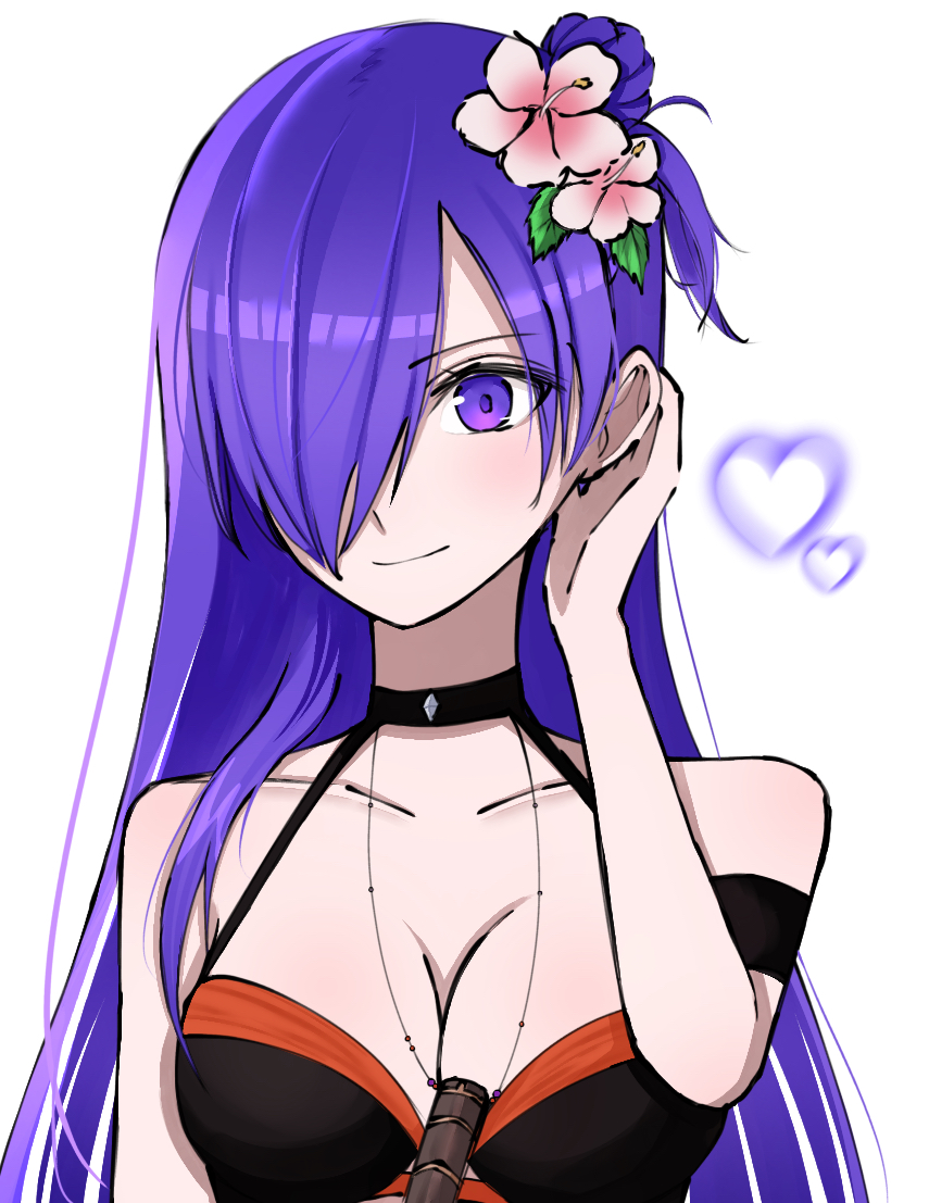 1girl, adjusting_hair, arururunnnn, bare_shoulders, bikini, black_bikini, breasts, choker, cleavage, collarbone, female_shez_(fire_emblem), female_shez_(summer)_(fire_emblem), fire_emblem, fire_emblem:_three_houses, fire_emblem_heroes, fire_emblem_warriors:_three_hopes, flower, hair_flower, hair_ornament, hair_over_one_eye, large_breasts, long_hair, looking_at_viewer, nintendo, official_alternate_costume, purple_eyes, purple_hair, smile, solo, swimsuit