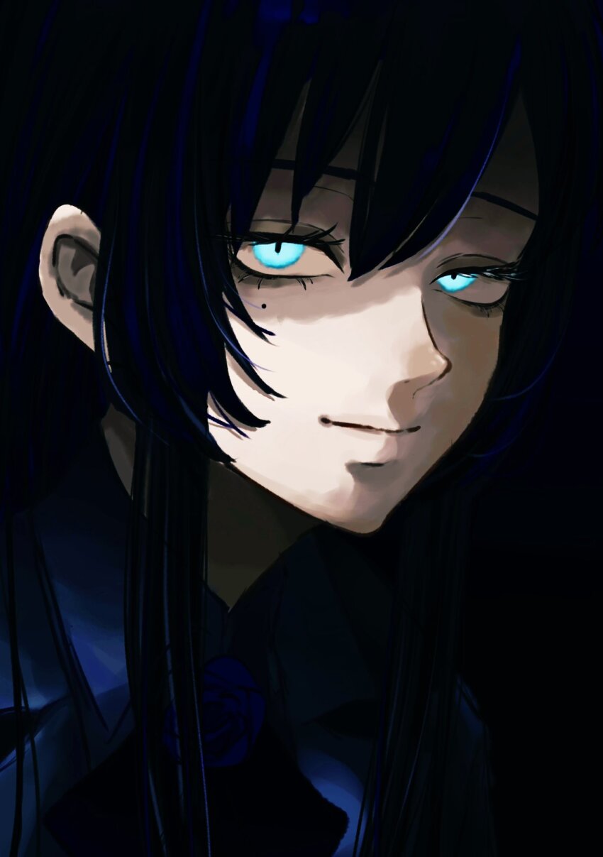 1girl, ado_(utaite), blue_background, blue_hair, blue_shirt, chando_(ado), closed_mouth, commentary_request