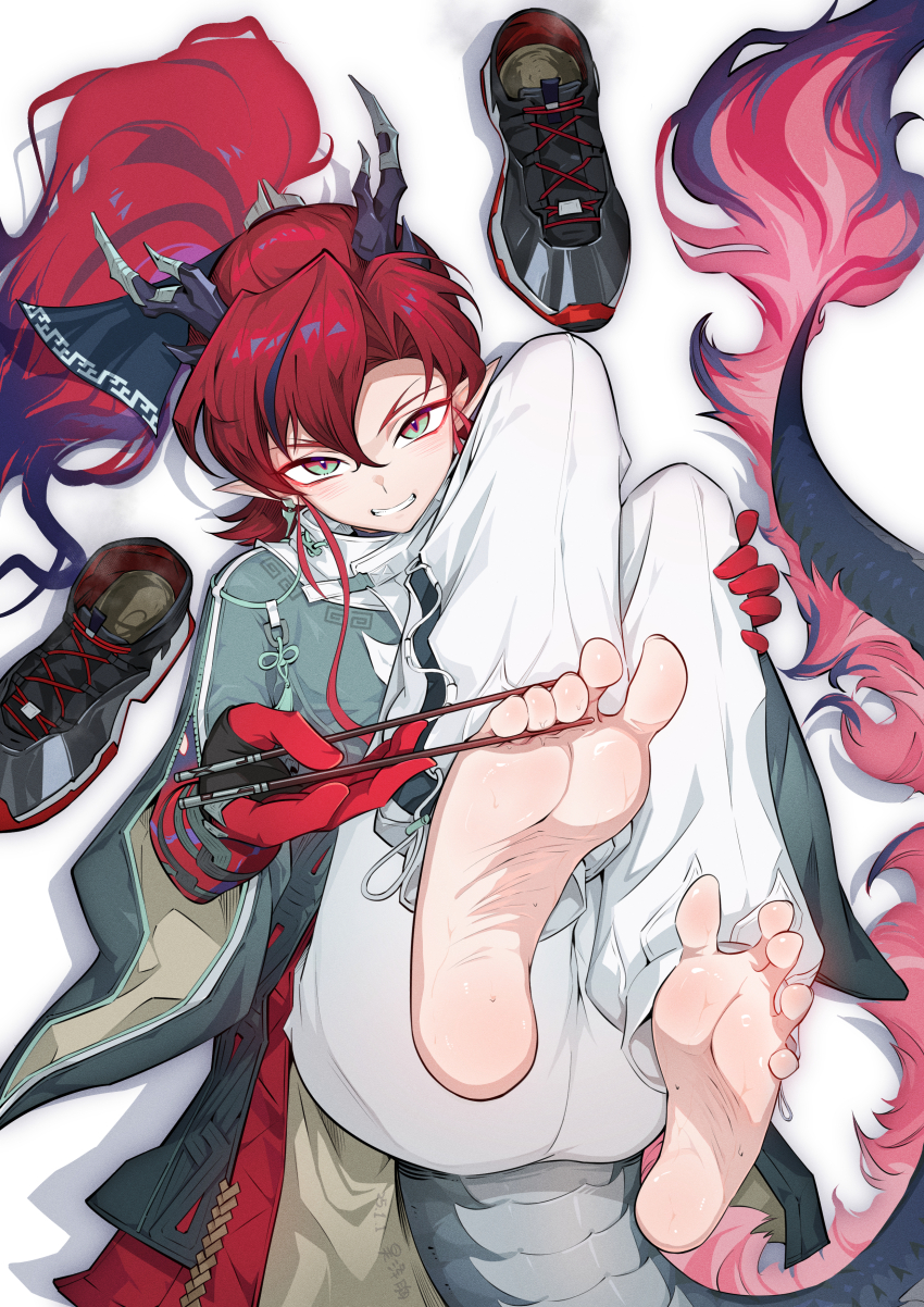 1boy, absurdres, arknights, barefoot, chopsticks, dragon_horns, dragon_tail, feet, grin, hao_guangze_yu, highres, horns, light_blush, long_hair, looking_at_viewer, pointy_ears, ponytail, red_hair, shoes, smile, soles, steam, sweat, tail, toes, unworn_shoes, yu_(arknights)