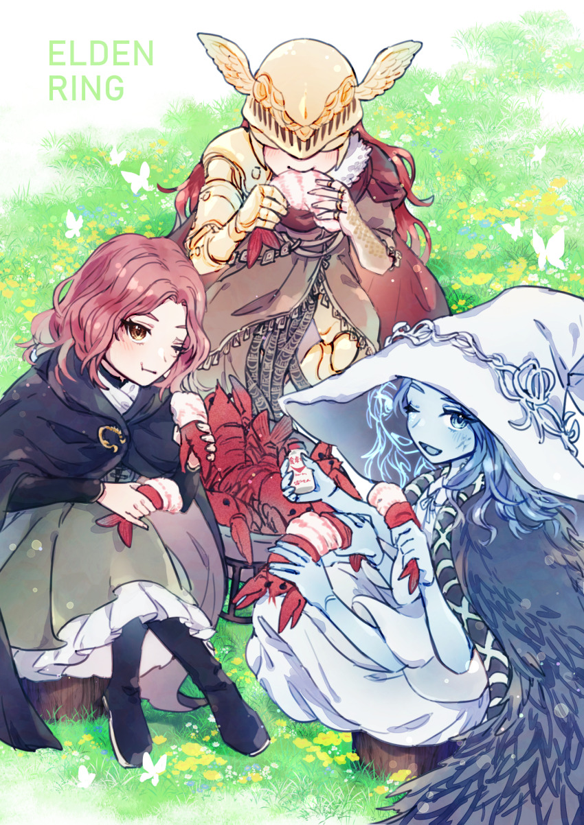 amputee, blue_eyes, blue_hair, blue_skin, cloak, closed_mouth, colored_skin, covered_eyes, cracked_skin, doll_joints, dress, elden_ring, extra_arms, extra_faces, food, fur_cloak, hat, helmet, helmet_over_eyes, highres, joints, large_hat, long_hair, looking_at_viewer, malenia_blade_of_miquella, melina_(elden_ring), natsukawamikan, one_eye_closed, prosthesis, prosthetic_arm, prosthetic_leg, ranni_the_witch, red_hair, short_hair, siblings, sisters, smile, triple_amputee, winged_helmet, witch, witch_hat