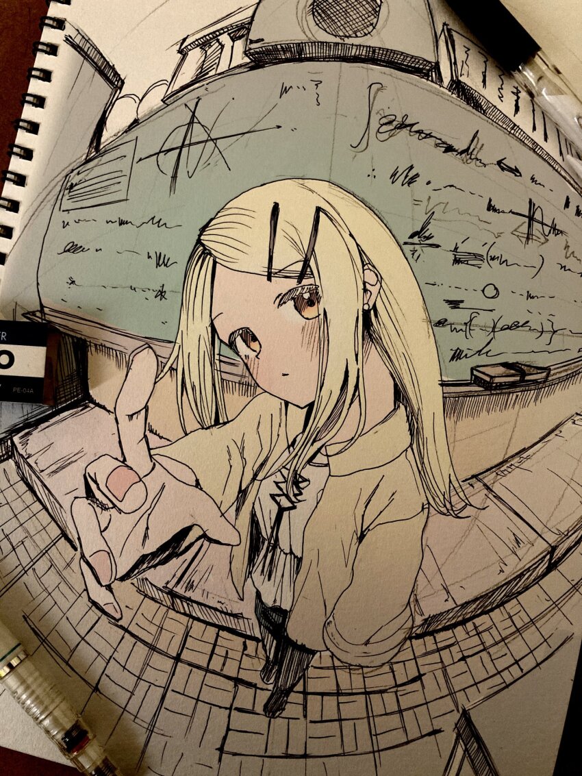 1girl, chalkboard, close-up, ear_piercing, gakuen_idolmaster, hair_ornament, hairclip, highres, idolmaster, looking_at_viewer, monochrome, niwatoko_towani, photo_(medium), piercing, shinosawa_hiro, sketch, standing, traditional_media