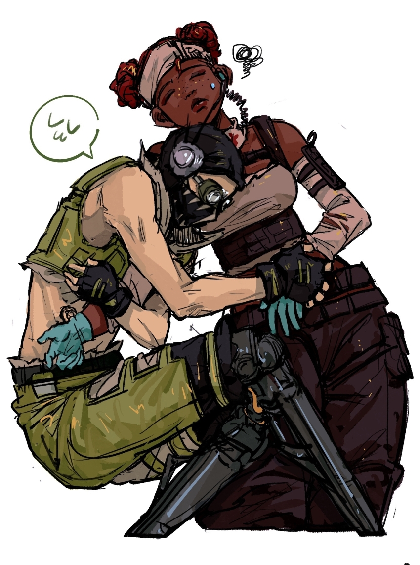 1boy, 1girl, apex_legends, black_gloves, blue_gloves, chinese_commentary, closed_eyes, closed_mouth, cropped_vest, dark-skinned_female, dark_skin, detached_sleeves, double_bun, fingerless_gloves, gloves, green_shorts, green_vest, grey_tank_top, hair_bun, headband, highres, holding_another's_arm, hua_hua_toulaji, lifeline_(apex_legends), lying, mechanical_legs, octane_(apex_legends), red_hair, shorts, simple_background, speech_bubble, squiggle, tank_top, vest, white_background, white_headband