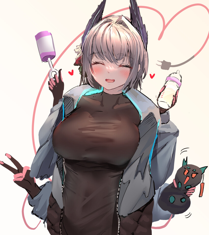1girl, absurdres, arknights, baby_bottle, bird_girl, black_feathers, black_shirt, blush, bottle, breasts, coat, commentary, dark-skinned_female, dark_skin, dragon_bean_(arknights), dusk_(arknights), electric_plug, electric_plug_tail, extra_arms, facing_viewer, feather_hair, feathers, flower, gloves, grey_coat, grey_hair, hair_flower, hair_ornament, heart, heart_of_string, highres, holding, holding_bottle, holding_rattle, holding_stuffed_toy, large_breasts, lycoris-fullbloom, raidian_(arknights), rattle, shirt, simple_background, squeezing, stuffed_toy, tail, tight_clothes, upper_body, v