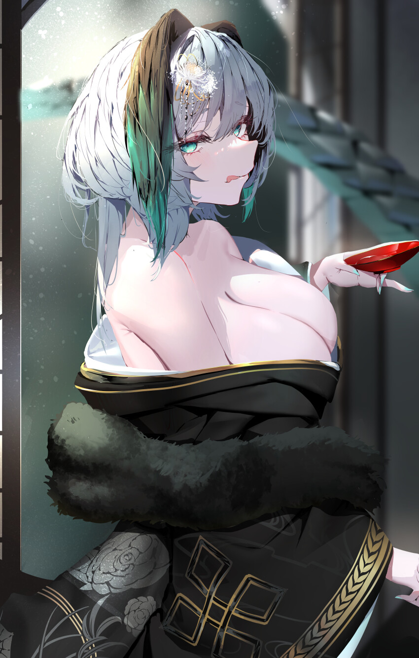 1girl, :q, absurdres, aqua_eyes, aqua_nails, arknights, bare_shoulders, black_kimono, blurry, blurry_background, blush, breasts, cleavage, commentary, cup, fingernails, flower, fur_(clothing), grey_hair, hair_between_eyes, hair_flower, hair_ornament, head_wings, highres, ho'olheyak_(arknights), holding, japanese_clothes, kimono, large_breasts, looking_at_viewer, lycoris-fullbloom, medium_hair, nail_polish, off_shoulder, sakazuki, solo, tongue, tongue_out, white_flower, wings