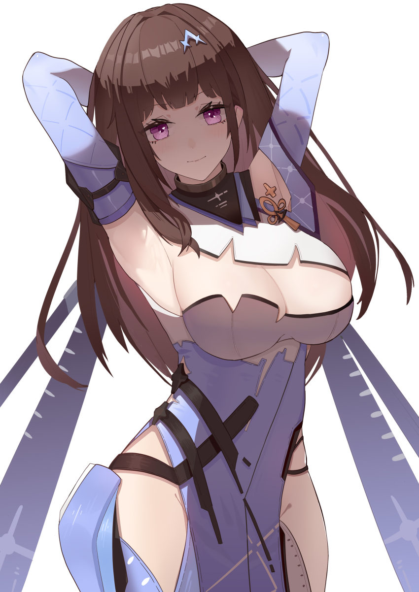 1girl, absurdres, armpits, arms_behind_head, breasts, brown_hair, cleavage, clothing_cutout