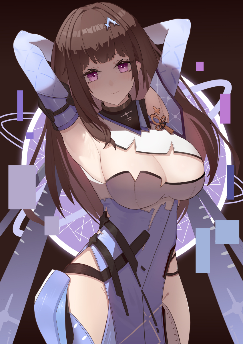 1girl, absurdres, armpits, arms_behind_head, breasts, brown_hair, cleavage, clothing_cutout