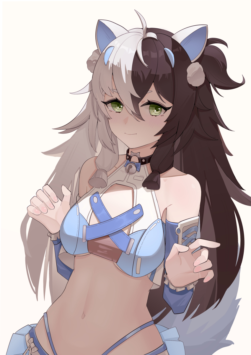 1girl, absurdres, ahoge, animal_ears, bare_shoulders, bell, black_hair, breasts