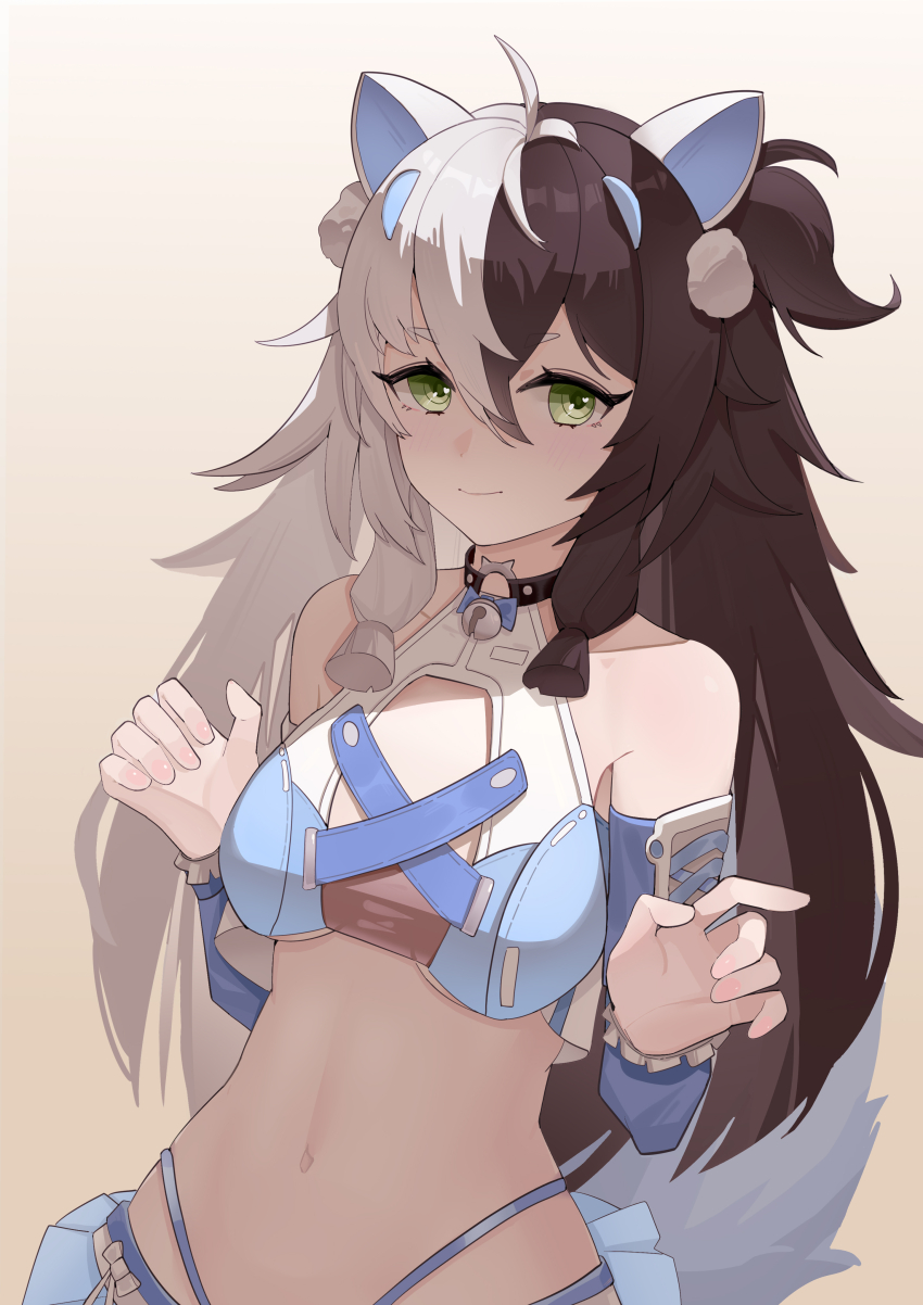 1girl, absurdres, ahoge, animal_ears, bare_shoulders, bell, black_hair, breasts, choker, detached_sleeves, eatchel_gustav, eouhs, green_eyes, highres, horns, long_hair, looking_at_viewer, multicolored_hair, neck_bell, official_alternate_costume, revealing_clothes, short_eyebrows, small_breasts, snowbreak:_containment_zone, solo, split-color_hair, tail, two-tone_hair, white_hair