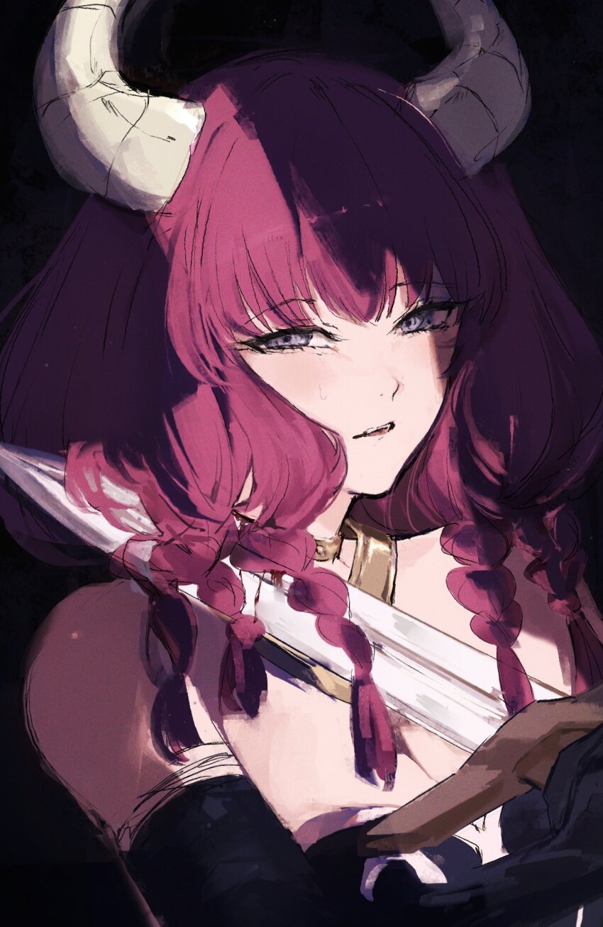 1girl, aura_(sousou_no_frieren), black_background, black_dress, black_gloves, braid, breasts, commentary