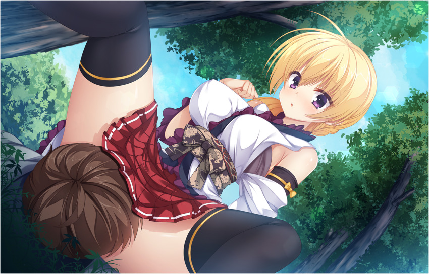 1boy, 1girl, :o, ahoge, arichi_masaomi, bare_shoulders, black_thighhighs, blonde_hair