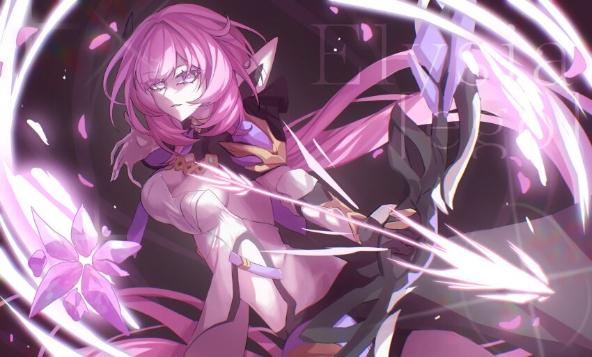 1girl, black_background, black_shorts, blue_eyes, bow_(weapon), breasts, character_name, cleavage