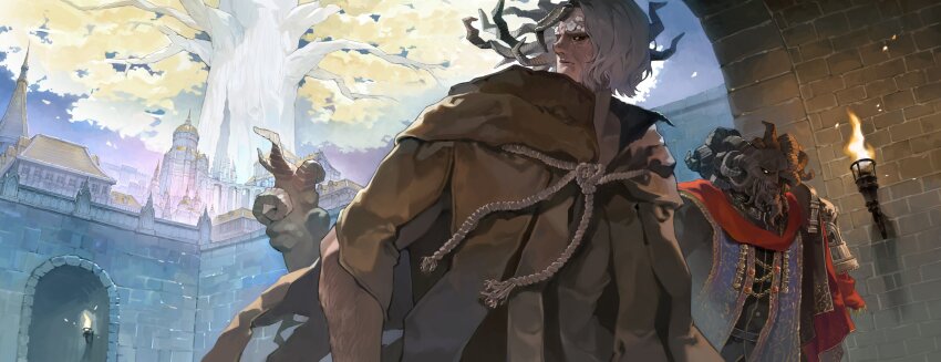 2boys, absurdres, asymmetrical_horns, black_sclera, brothers, brown_cloak, building, cloak