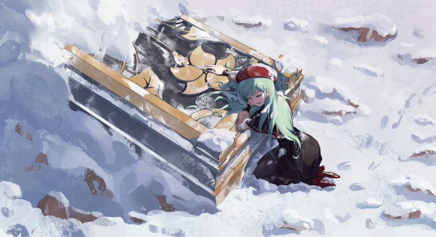 1girl, absurdres, bang_dream!, bang_dream!_it's_mygo!!!!!, beret, chinese_commentary, coffin, commentary_request, flower, footprints, full_body, gongsuxing, green_hair, hat, high_heels, highres, kneeling, leaning_on_object, long_hair, long_sleeves, mortis_(bang_dream!), mortis_(costume)_(bang_dream!), open_mouth, outdoors, red_footwear, red_hat, sidelocks, smile, snow, solo, wakaba_mutsumi