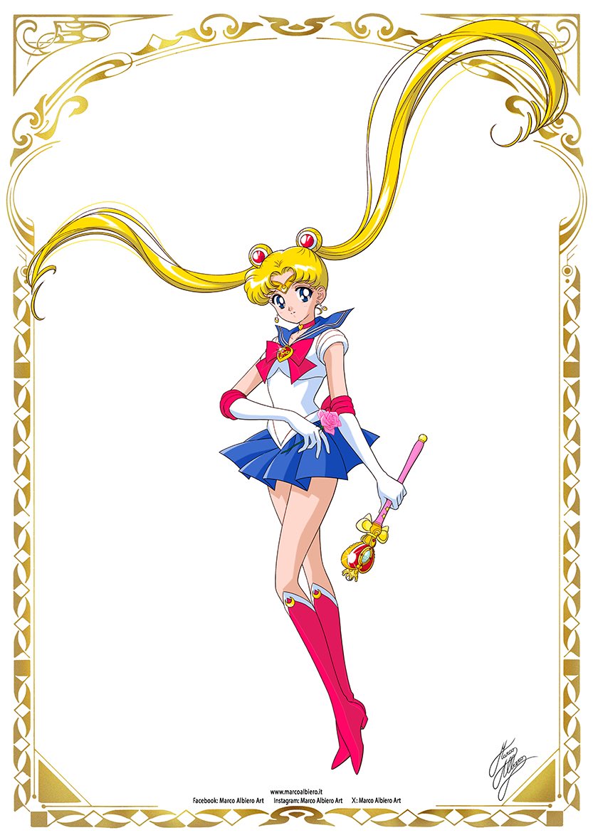 1girl, artist_name, bishoujo_senshi_sailor_moon, blonde_hair, blue_eyes, blue_sailor_collar, boots, bow