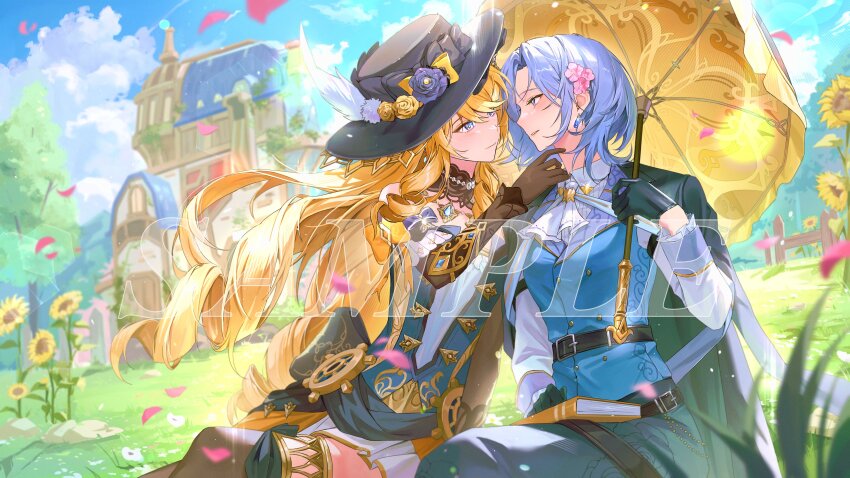 2girls, absurdres, ascot, belt, belt_buckle, black_belt, black_bow, black_corset