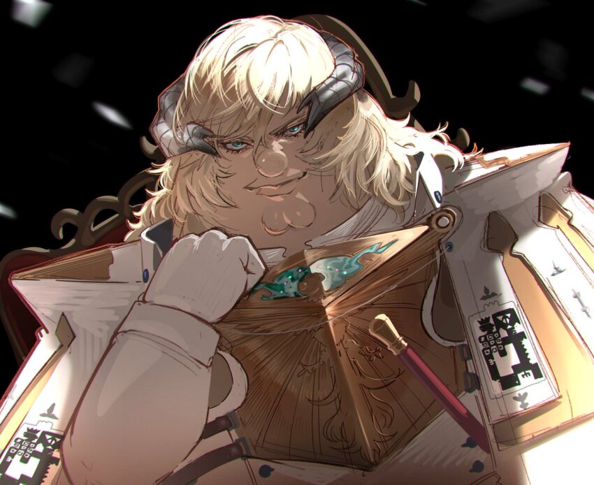 1boy, armor, black_background, black_horns, blonde_hair, blue_eyes, clenched_hand, coat