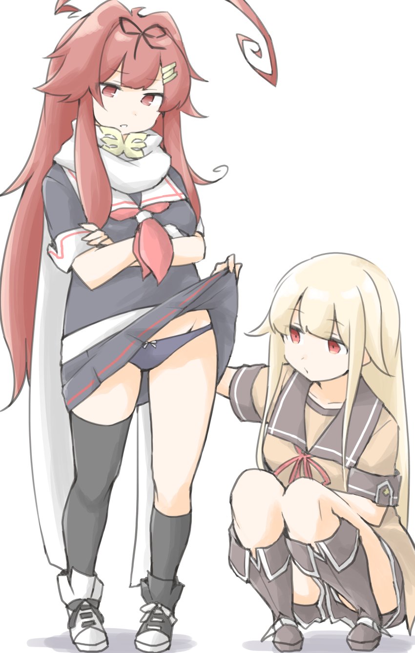 2girls, ahoge, akara_kai, black_panties, black_sailor_collar, blonde_hair, breasts, brown_hair