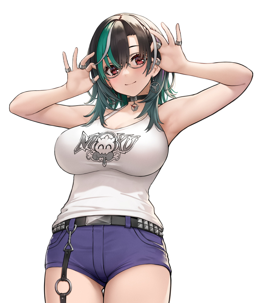 1girl, adjusting_eyewear, aqua_hair, armpits, arms_up, asymmetrical_bangs, belt, black_choker