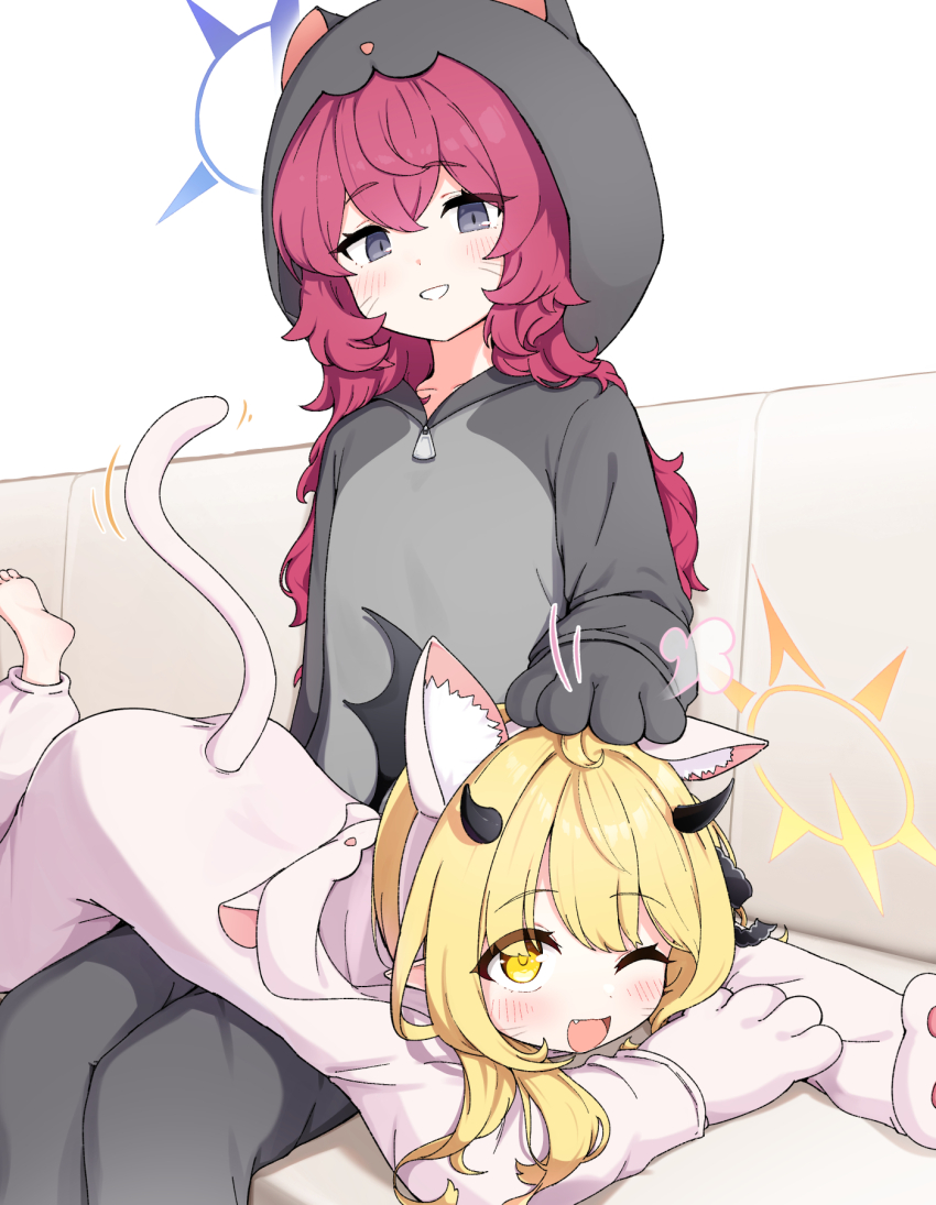 2girls, ;d, animal_costume, animal_ear_hairband, animal_ears, animal_hands, animal_hood, black_horns