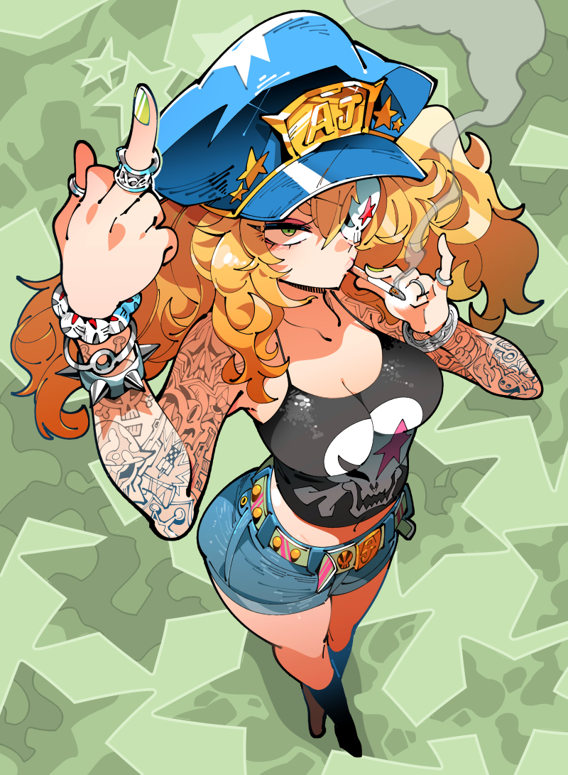 1girl, aj-chan_(aj_dandy), arm_tattoo, arm_up, belt, blonde_hair, blue_hat, bracelet