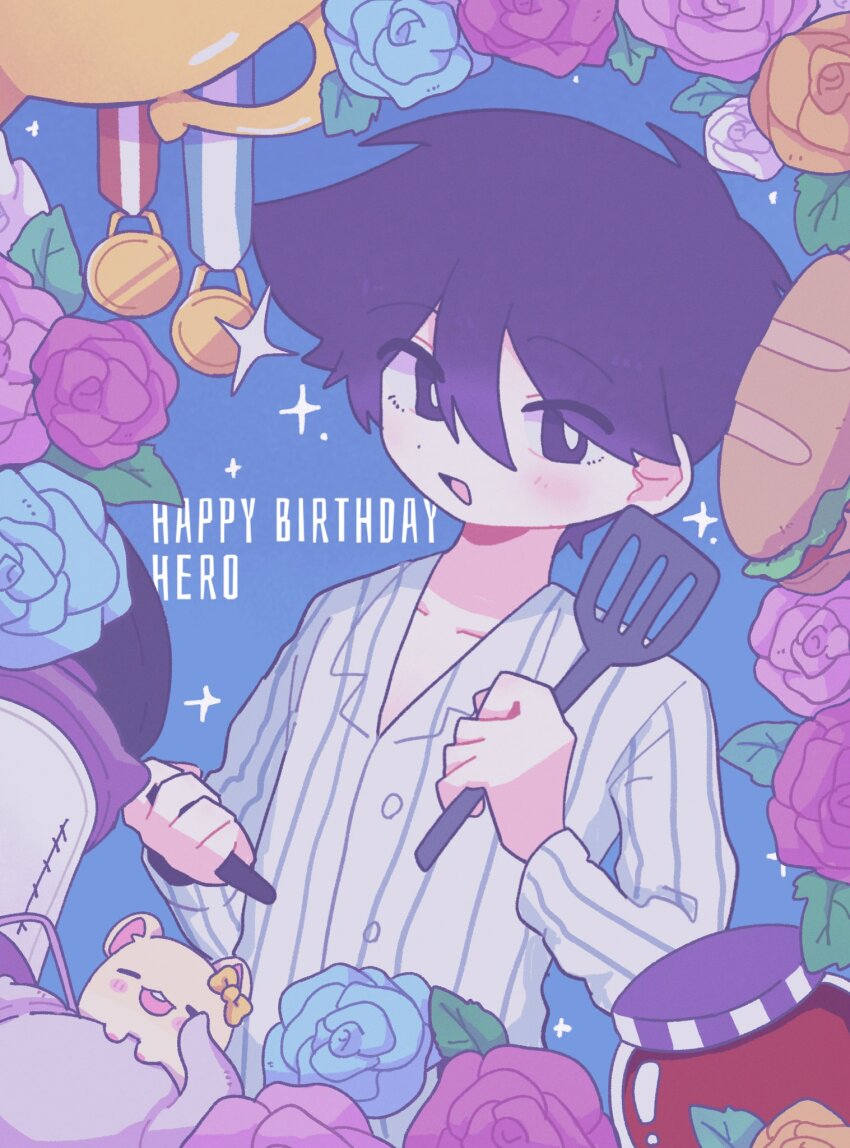 1boy, baguette, blush, bow, bread, bright_pupils, character_name, collarbone