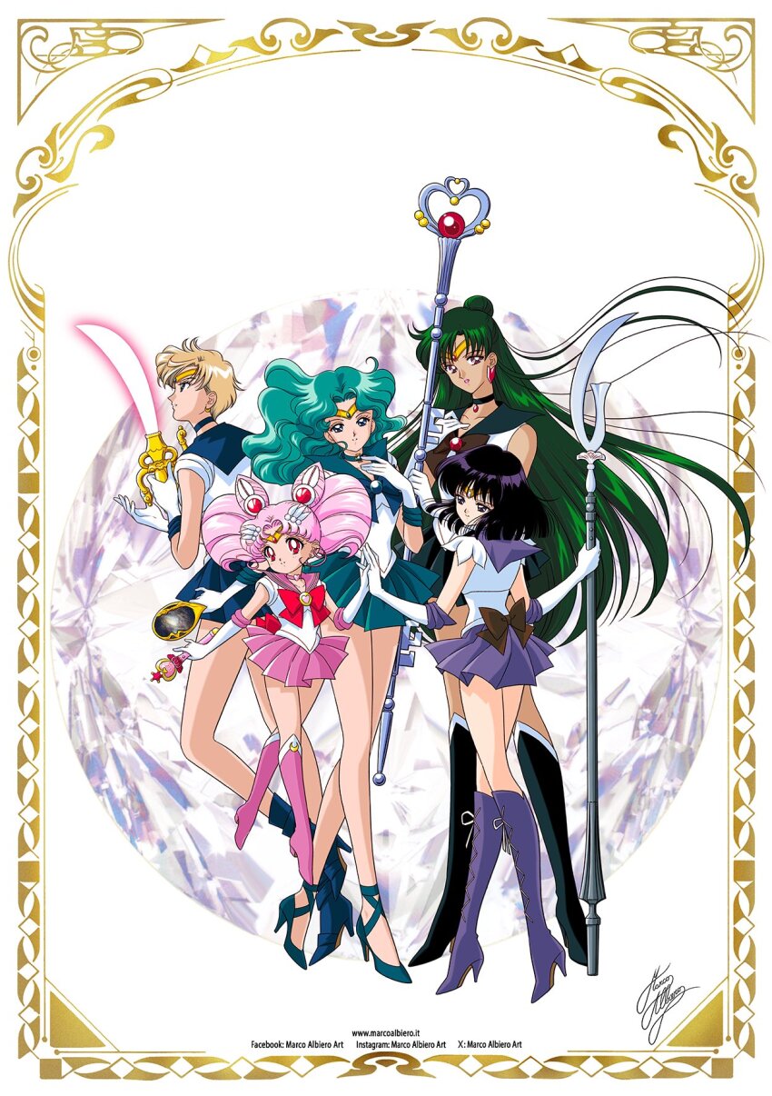 5girls, artist_name, back_bow, bishoujo_senshi_sailor_moon, black_choker, black_hair, black_sailor_collar, blonde_hair