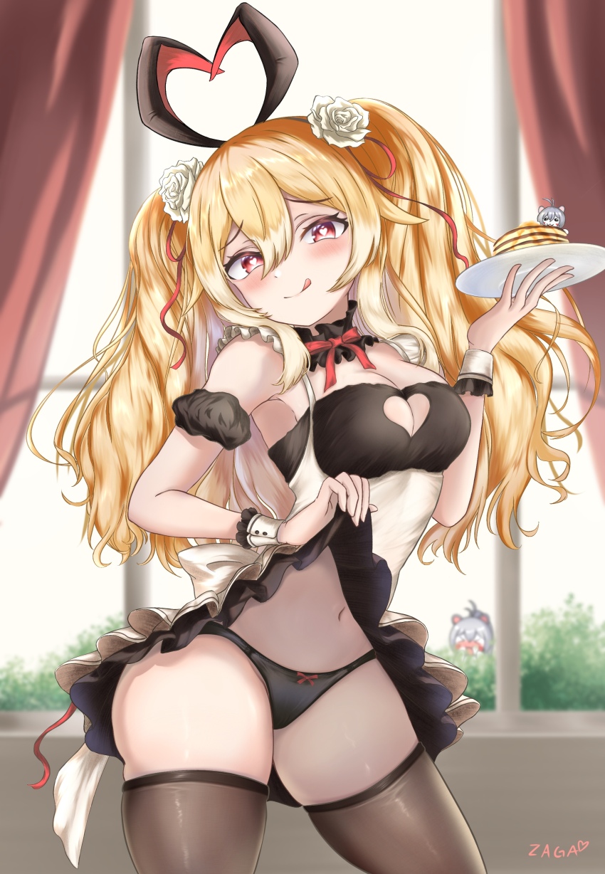 1girl, absurdres, animal_ears, apron, armpits, black_dress, black_panties, blonde_hair, blush, breasts, brown_dust_(series), brown_dust_2, brown_thighhighs, bush, chibi, choker, cleavage, cleavage_cutout, closed_mouth, clothes_lift, clothing_cutout, dress, dress_lift, fake_animal_ears, flower, food, frilled_choker, frills, groin, hair_between_eyes, hair_flower, hair_ornament, heart, heart-shaped_pupils, heart_cutout, highres, holding, holding_plate, large_breasts, liatris_(brown_dust), licking_lips, lifting_own_clothes, long_hair, looking_at_viewer, maid, midriff, naughty_face, navel, pancake, pancake_stack, panties, pantyshot, plate, rabbit_ears, red_eyes, skindentation, smile, symbol-shaped_pupils, thighhighs, tongue, tongue_out, twintails, underwear, white_apron, white_wrist_cuffs, window_shadow, wrist_cuffs, yuri_(brown_dust), zaga
