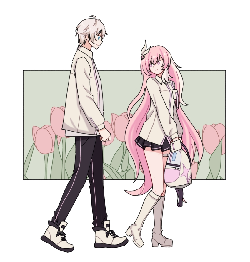 1boy, 1girl, absurdres, bag, black_pants, black_skirt, blue_eyes, boots