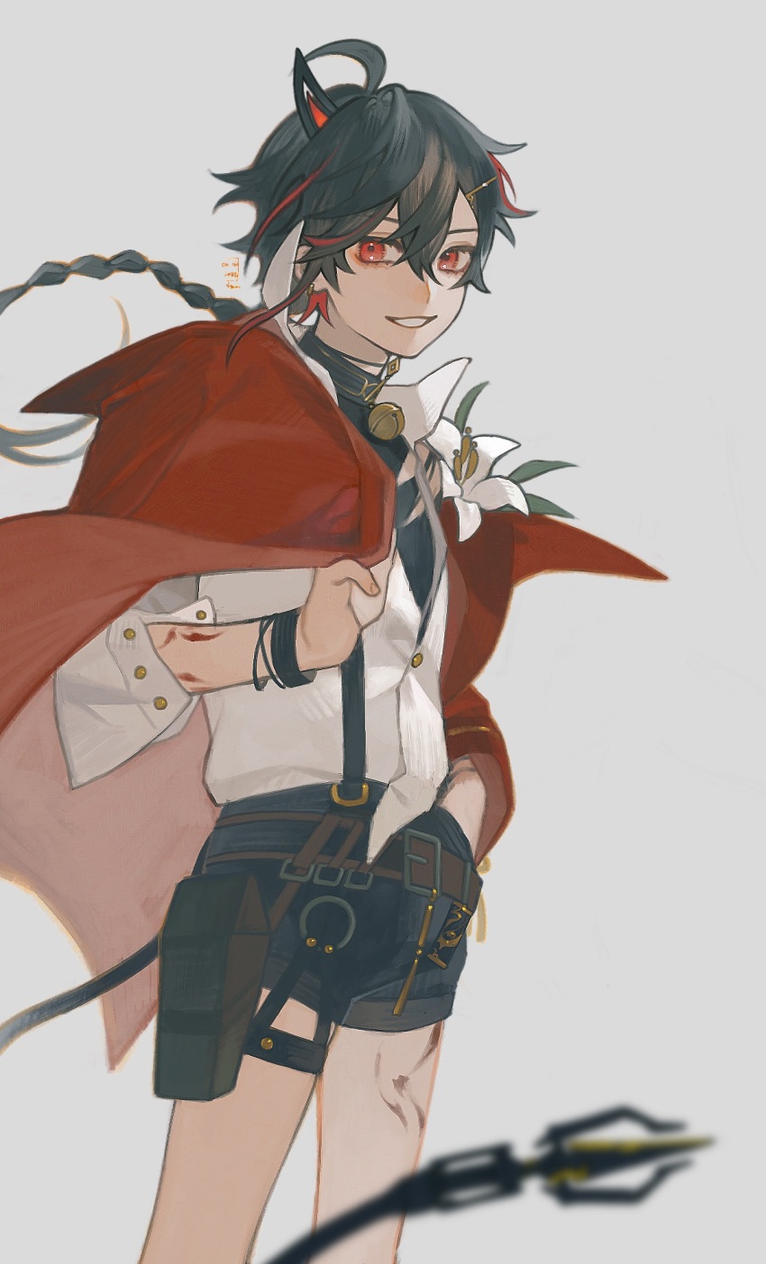 1boy, b_lueishpink, bell, black_hair, black_shirt, black_shorts, braid, braided_ponytail, cape, changyu_(pgr), grey_background, hair_between_eyes, highres, horns, jacket, jingle_bell, looking_at_viewer, punishing:_gray_raven, red_cape, red_eyes, shirt, shorts, single_horn, solo, suspenders, tail, white_jacket, white_lily