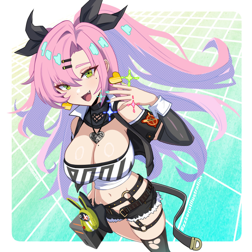 1girl, :d, absurdres, amillion_(zenless_zone_zero), bangboo_(zenless_zone_zero), black_ribbon, black_shorts, breasts