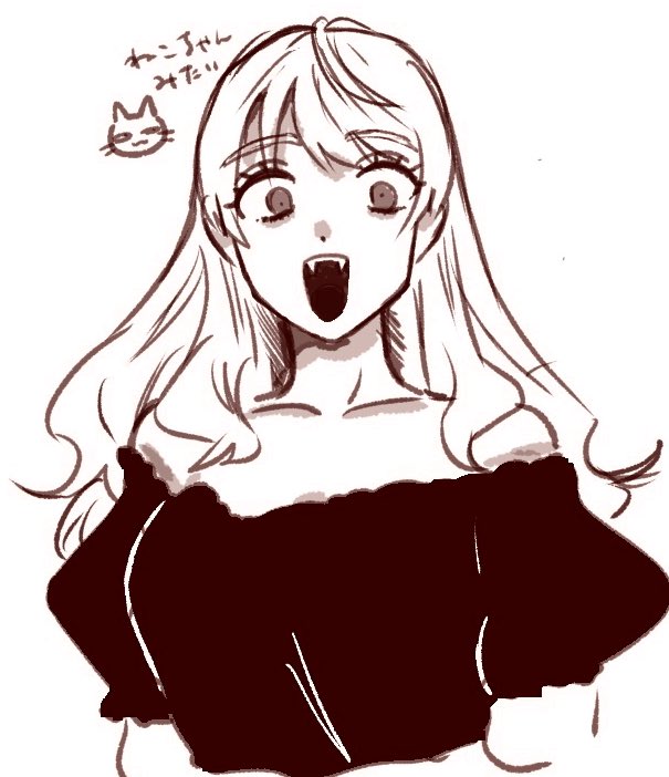 1girl, :d, bare_shoulders, black_shirt, breasts, cat, collarbone, dos_i2525, fangs, futsuu_no_keion-bu, high_contrast, long_hair, looking_at_viewer, monochrome, off-shoulder_shirt, off_shoulder, open_mouth, puffy_short_sleeves, puffy_sleeves, shirt, short_sleeves, smile, solo, swept_bangs, tatsumi_reiha, teeth, translation_request, upper_body, upper_teeth_only, wavy_hair, white_background