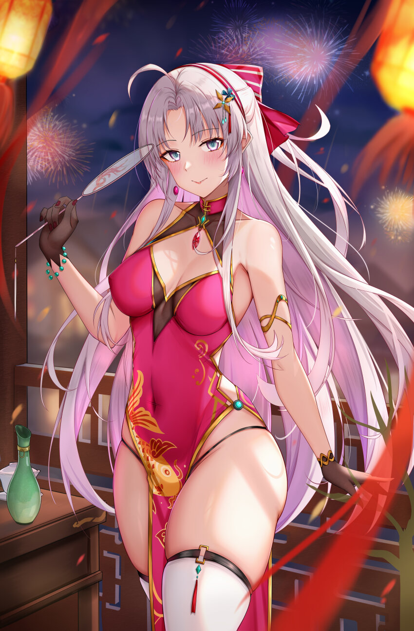 1girl, absurdres, aerial_fireworks, ahoge, alternate_costume, aqua_eyes, backon, bare_shoulders