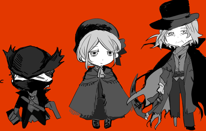 1girl, 2boys, ascot, belt_buckle, bloodborne, bonnet, boots, bow