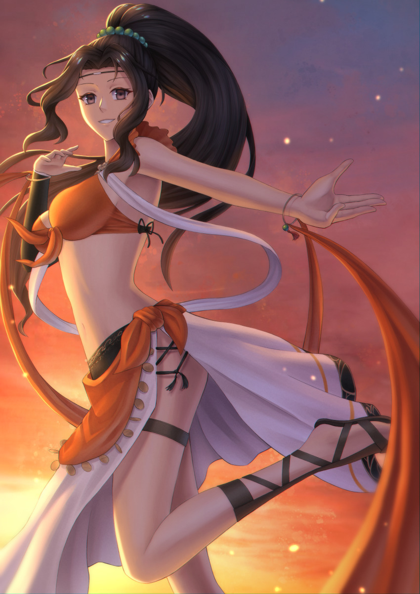 1girl, absurdres, beads, bikini, bracelet, breasts, brown_eyes, brown_hair, circlet, cowboy_shot, curtained_hair, dancer, fire_emblem, fire_emblem:_genealogy_of_the_holy_war, front-tie_top, highres, jewelry, large_breasts, laylea_(fire_emblem), leg_up, long_hair, mythicat, navel, nintendo, orange_bikini, orange_shawl, orange_sky, outstretched_hand, parted_bangs, parted_lips, ponytail, reaching, reaching_towards_viewer, sarong, shawl, sky, smile, solo, standing, standing_on_one_leg, sunset, swimsuit, thighlet