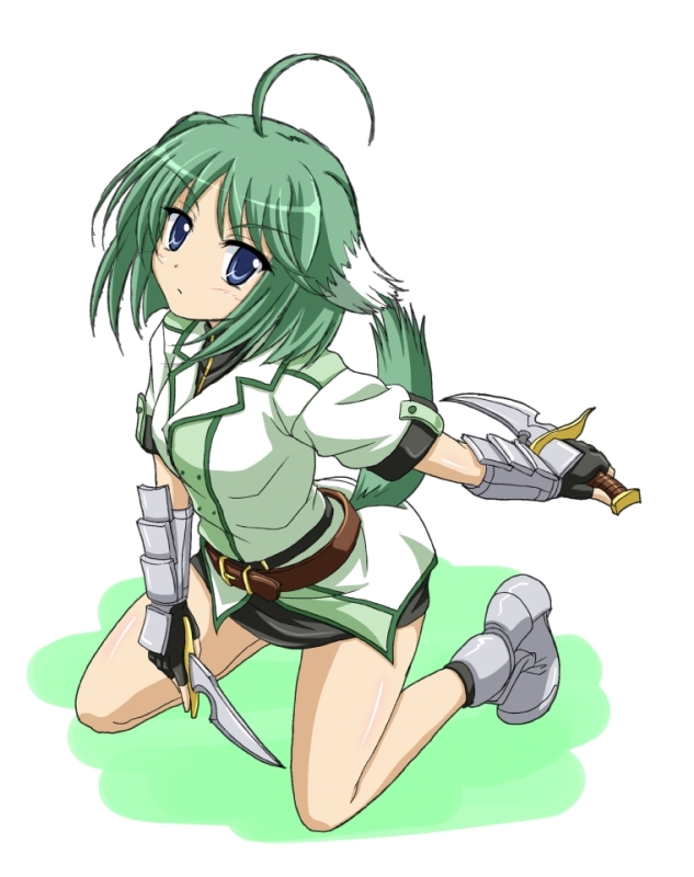 10s, 1girl, ahoge, animal_ears, bad_id, bad_pixiv_id, belt, blue_eyes, dog_days, dog_ears, dog_tail, dual_wielding, eclair_martinozzi, female_focus, fingerless_gloves, frown, gloves, green_eyes, green_hair, holding, ishida_seito, kneeling, knife, looking_at_viewer, matching_hair/eyes, short_hair, simple_background, solo, tail, uniform, vfenster, weapon